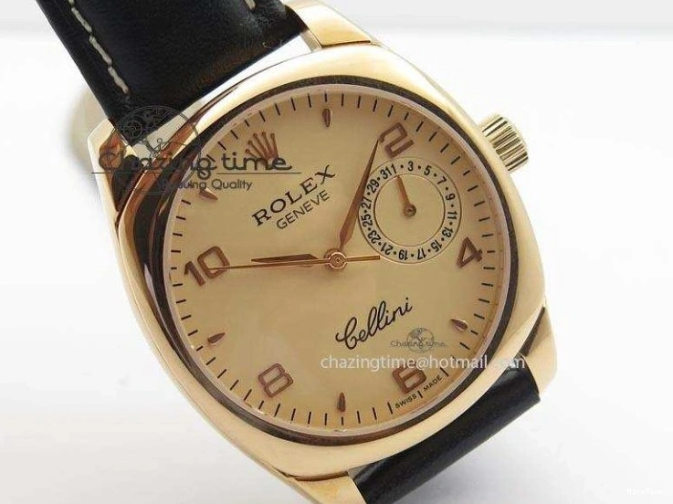 MiroTime 0103 EyeCatching Cellini Date RG Rose Gold Dial Numeral Markers On Black Leather Strap A 3884